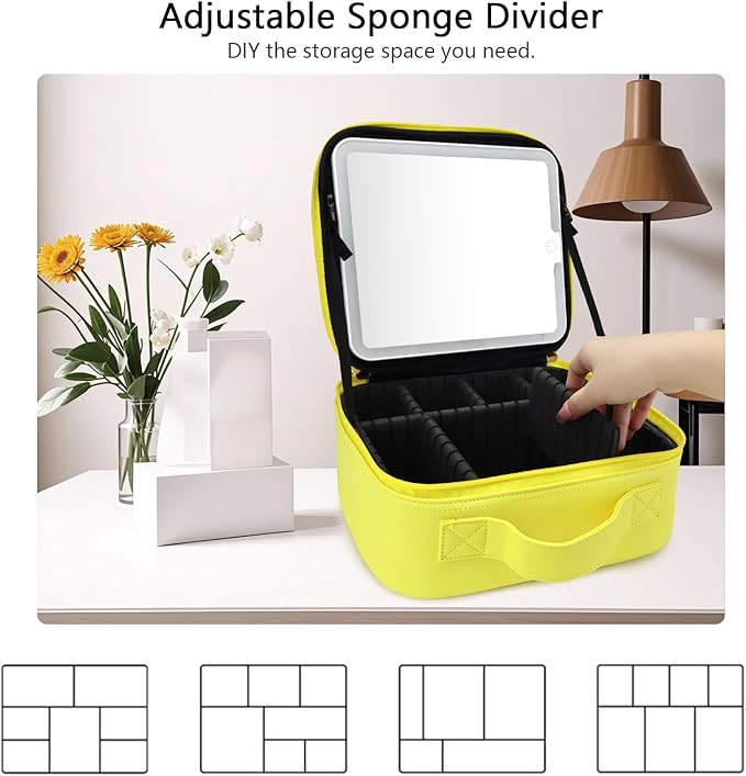SLUMAZI Travel Makeup Bag with LED Mirror Travel Makeup Organizer with 3 Lighted Settings, Adjustable Dividers and Makeup Brush Storage Bag Yellow