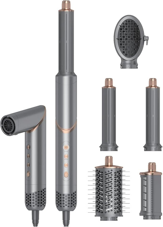 5 in 1 Hair Styler Curler & Air Dryer Brush, High-Speed Negative Ionic Foldable Hair Dryer Fast Drying, Multi Professional Hot Air Styler for Curling Volumizing Straightening Styling (Grey)