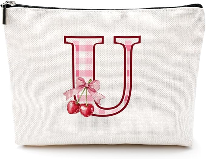 CQM Initial Makeup Bag Monogram Cosmetic Bag Monogrammed Gifts for Women Girls Friends Coworker Teacher Personalized Travel Toiletry Bag Christmas Bridal Shower Wedding Bridesmaid Gifts, Cherry U