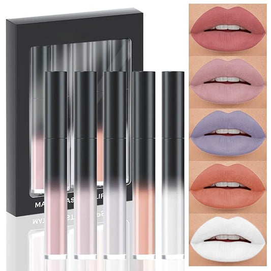 AMY'S DIARY Matte Plum Liquid Lipstick 5Pcs Sets,24-hour Lipstick White Nude Naked Gray Plum Lip Stain 24 Smudge Waterproof for Women (Set06)