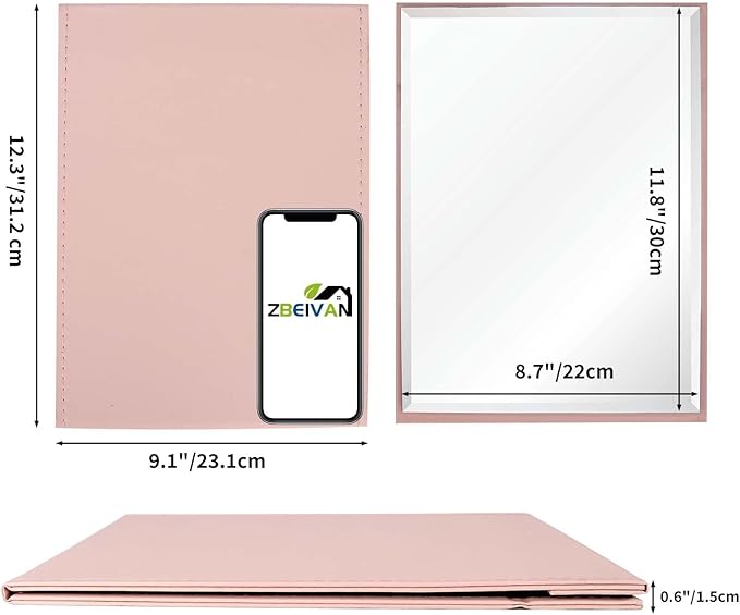 ZBEIVAN 12x9 Inches Portable Folding Makeup Mirror, Frameless PU Leather Desk Mirror with Stand for Camping Travel Tabletop Personal, Pink