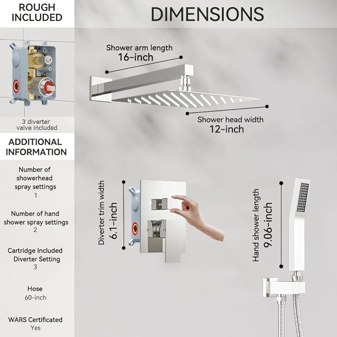 Shower Faucet Set Chrome Shower System, Starbath 12" Rain Shower Head and Handheld Spray Shower Set Complete Wall Mounted, 2 Way Pressure Balance Shower Valve and Trim Kit Included
