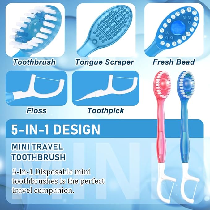 10 Pack 5-in-1 Disposable Toothbrushes with Toothpaste, Travel Toothbrush Set with Floss, Pick & Tongue Scraper, Individually Wrapped Mini Toothbrush for Adults, Work Camping - Mint Flavor