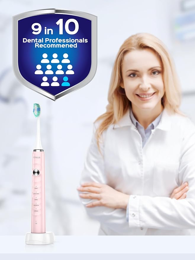 COSLUS Sonic Electric Toothbrush for Kids & Adults C40(DY-108Pro): 47000 VPM for Deep Cleaning with Travel Case - 5 Modes for Sensitive Teeth & Braces, Wireless Charging, 6 Brush Heads, Pink (1PC)