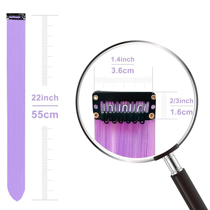 Purple Hair Extensions 14 PCS, 22 In Colorful Clip in Hair Extensions Party Highlights, Rainbow Long Straight Synthetic Hairpieces for Cosplay Women Gift(Light Purple)