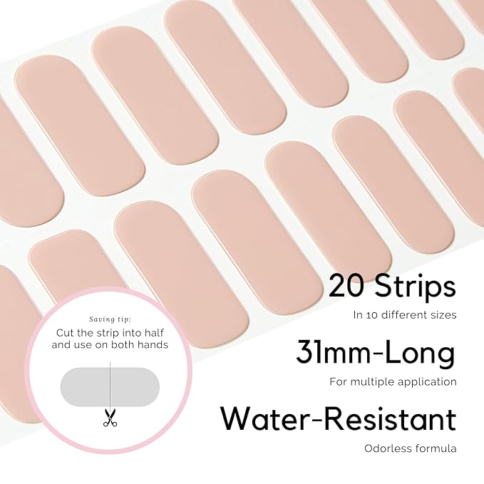 NAILOG Semi Cured Gel Nail Strips, 20 Pcs Nude Beige Long Lasting Stickers Extra Long Nail Wraps with Glossy Gel Finishing for Spring Summer, in The Nude