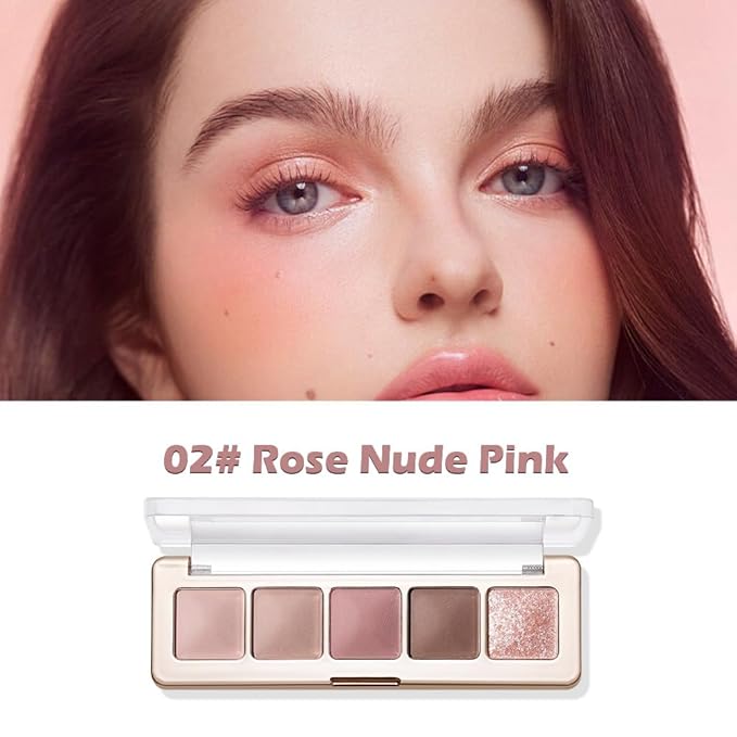 Rose Nude Eyeshadow Palette, 5 Colors Pink Brown Matte and Rose Gold Shimmer, Soft Glam Neutral Shades with Mauve Tones, Highly Pigmented Long Lasting Blendable for Daily Natural Makeup, 2#