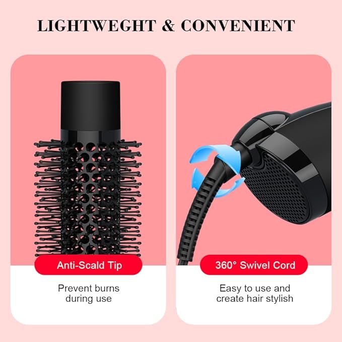 Hot Air Brush for All Hair Types – Ionic Blow Dryer & Styler with Simple 2 Heat/2 Speed Controls, Ceramic Titanium Anti-Frizz Barrel, 1000W Fast Volumizing & Smoothing