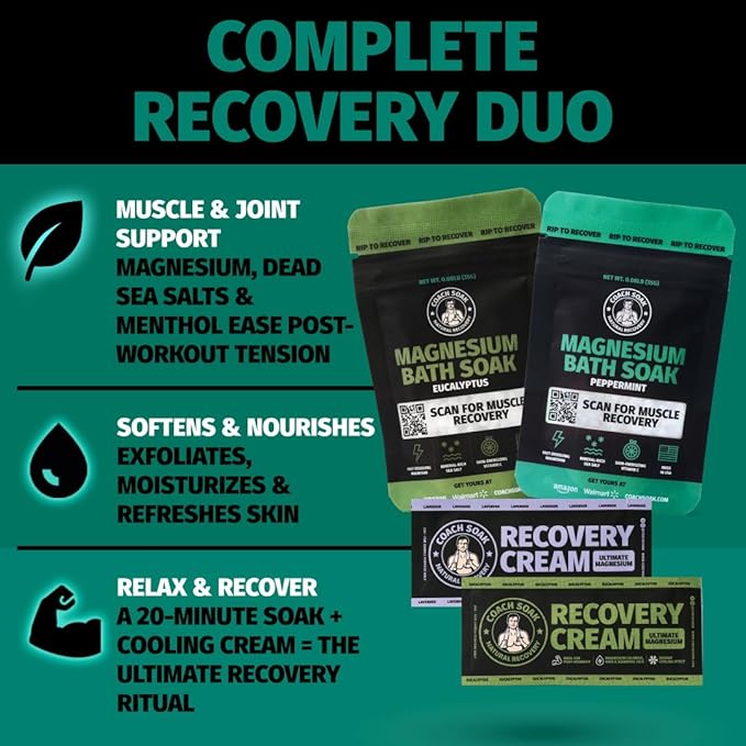 Coach Soak Magnesium Bath Flakes Mint & Lotion Trial Pack - Absorbing Magnesium Cream with Menthol - 0.18 lb (4 Pack) - Mixed Scents