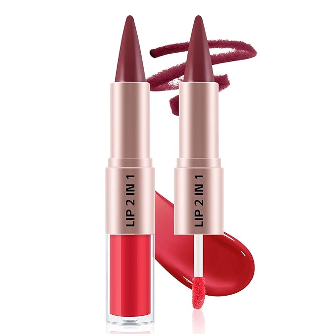 2-in-1 Matte Lip Liner Pencil and Lip Gloss Set, Double-ended Plumping Lip Oil Set for Women, 12H Long-Lasting & Waterproof Lipstick 2Pcs