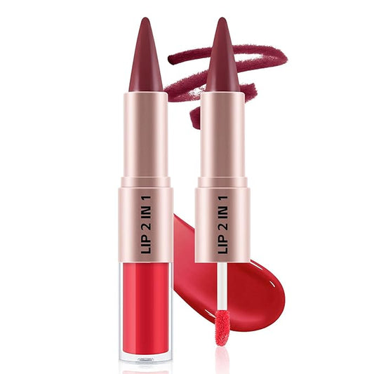 2-in-1 Matte Lip Liner Pencil and Lip Gloss Set, Double-ended Plumping Lip Oil Set for Women, 12H Long-Lasting & Waterproof Lipstick 2Pcs