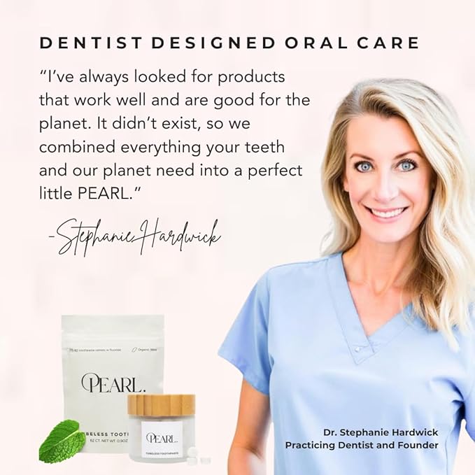 Pearl Fluoride Mint Toothpaste Tablets | Dentist Designed | Natural Whitening | Sensitivity Relief | TSA Approved | Plastic-Free | Reusable Packaging (186 Tablets)