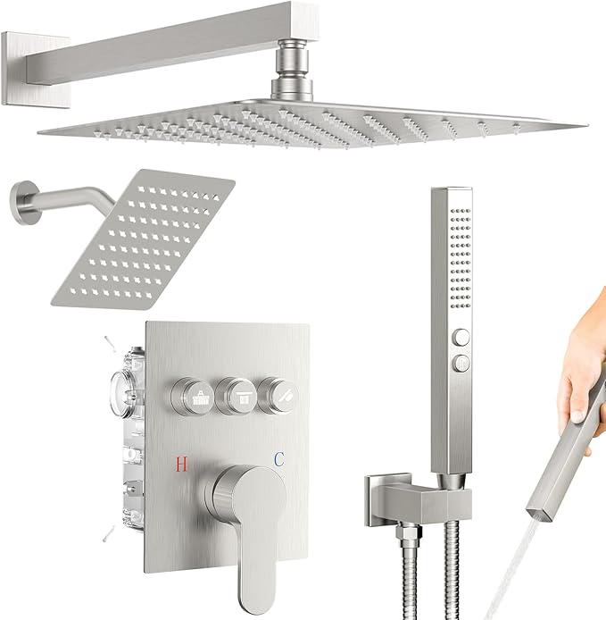 Shower System Dual Head，STARBATH 12+6" Rainfall Shower Head and Handheld Spray, Wall Mounted 3 Way Shower Faucet Set with Push Button Pressure Balance Valve and Trim Kit Brushed Nickel