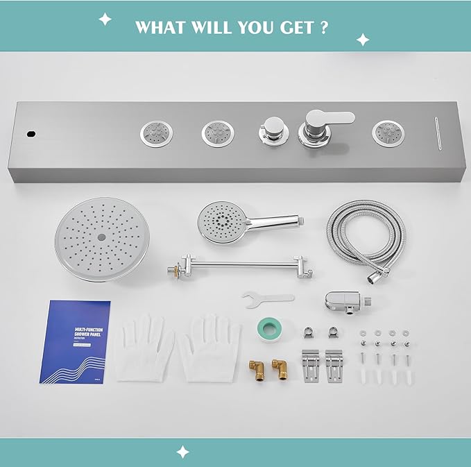 KINKIB Shower Panel Tower System with Adjustable Shower Head, Self-Cleaning Shower Tower with 2-Setting Powerful Body Jets and 5-Function Handheld Shower, Shower Column Brushed Stainless Steel