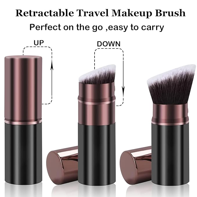 Keriloo Retractable Makeup Brush, Travel Kabuki Powder Makeup Brush 2 Pack, Foundation Face Blush Brushes for Blending Liquid, Blush, Bronzer, Buffing, Sunscreen,Flawless Cosmetics