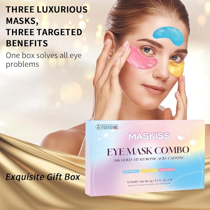 Maskiss Under Eye Patches (15 Pairs), Valentines Day Gifts for Her, 3 Colors Eye Masks Gift Set for Dark Circles Puffy Eyes, Undereye Bags and Wrinkles, Vegan Skin Care Gifts for Teen Girls