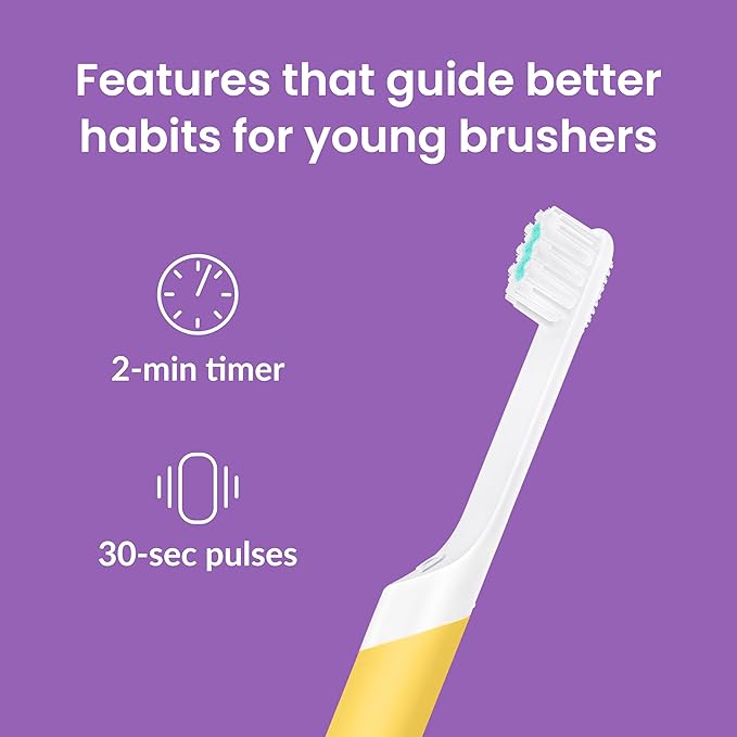 Quip Sonic Toothbrush for Kids with Timer - Includes Extra Brush Head and Travel Cover Mount - Electric, Soft Bristle Refill Head, Plastic Handle, 3 Month Battery Life - Spark Yellow