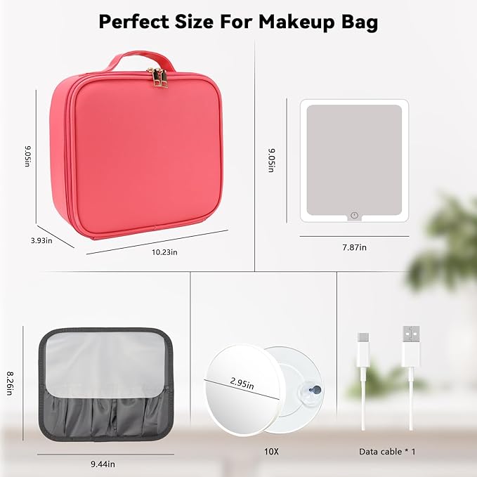 SLUMAZI Travel Makeup Bag with LED Mirror and 10x magnifying glass with 3 Lighted Settings, Adjustable Dividers and Makeup Brush Storage Bag Light Red