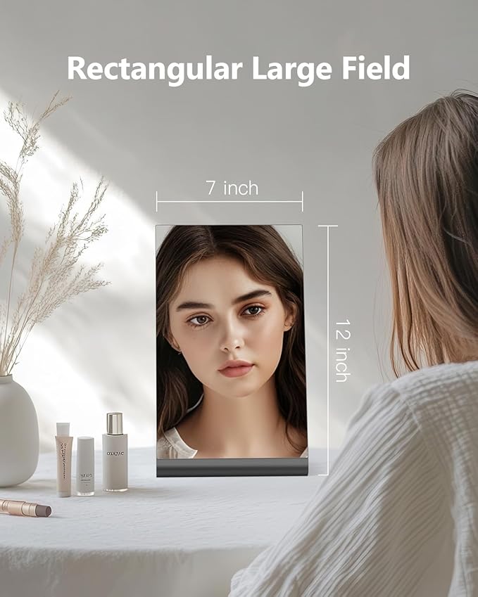 12"x7" Frameless Makeup Mirror, True 1X Flat Vanity Mirror for Accurate Reflection, Free Standing on Bathroom Vanity, Dresser or Desk, Ideal for Makeup, Shaving & Gifts (Space Black)