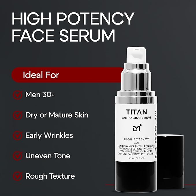 Man Labs Titan Anti-Aging Face Serum for Men – Reduces Appearance of Fine Lines, Dark Spots & Wrinkles – Hydrates Dry and Rough Skin – 5% Niacinamide, Vitamin C, Hyaluronic Acid – Unscented, 1 Fl Oz