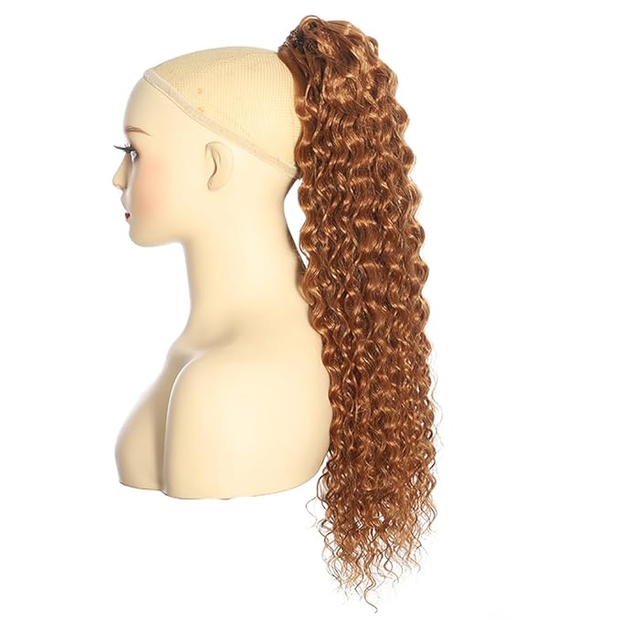 Deep Wave Ponytail Extension for Women 24 Inch Brown Curly Wavy Ponytail Hair Extensions Drawstring with Clips Short Synthetic Hairpiece for Daily and Party