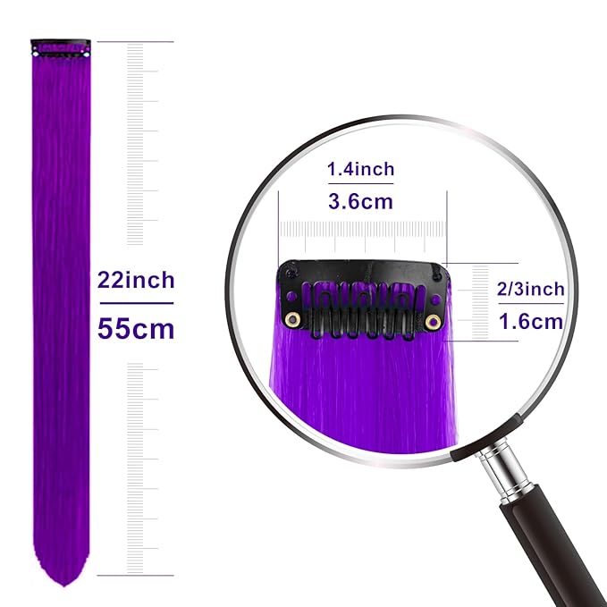 Colored Purple Hair Extensions 10 PCS, Rainbow Party Highlights Clip in Synthetic Hair Extension, Colorful Hairpiece for Women Gift Blue Hair Piece(Purple+Blue, 22 In)