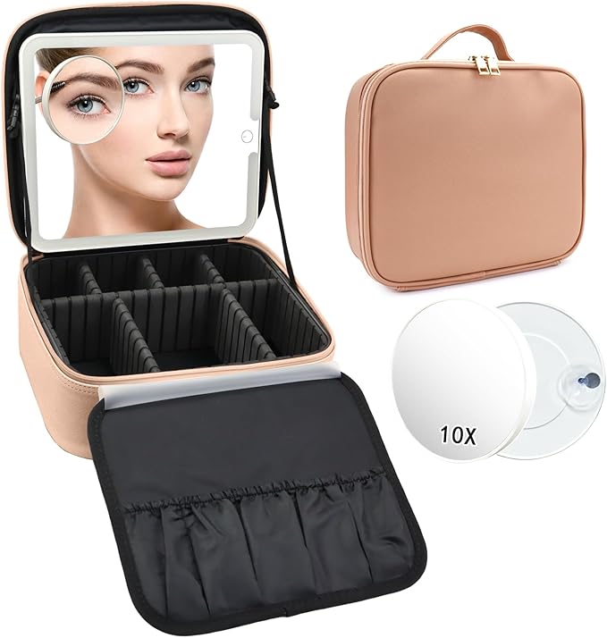 SLUMAZI Travel Makeup Bag with LED Mirror and 10x magnifying glass with 3 Lighted Settings, Adjustable Dividers and Makeup Brush Storage Bag Khaki