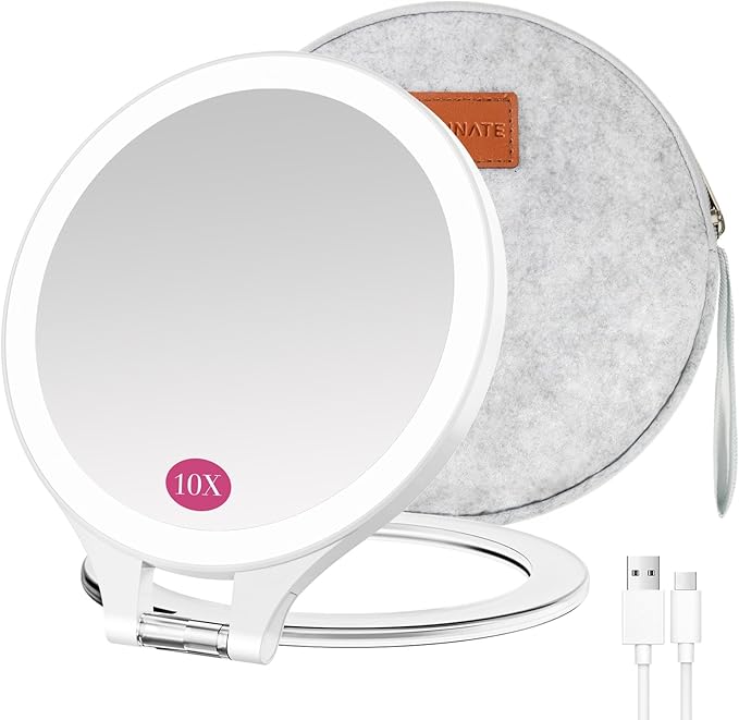 Magnifying Mirror with Light 10X/1X, Double Sided travel mirror with light, Rechargeable makeup mirror with 3 color setting Adjustable stand Lighted mirror Vanity Portable Desk Cosmetic Mirror