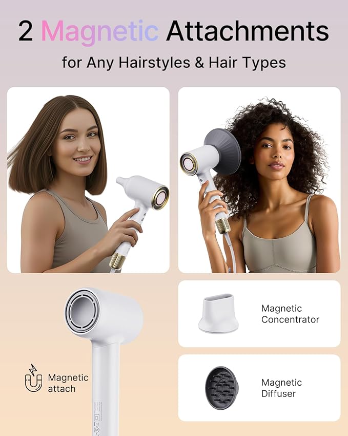 Professional Ionic Hair Dryer for Salon-Quality Results at Home - Lightweight Fast Drying Blow Dryer with Magnetic Attachments & Cool Shot Button, cUL Certified for Safe Styling, Travel Friendly
