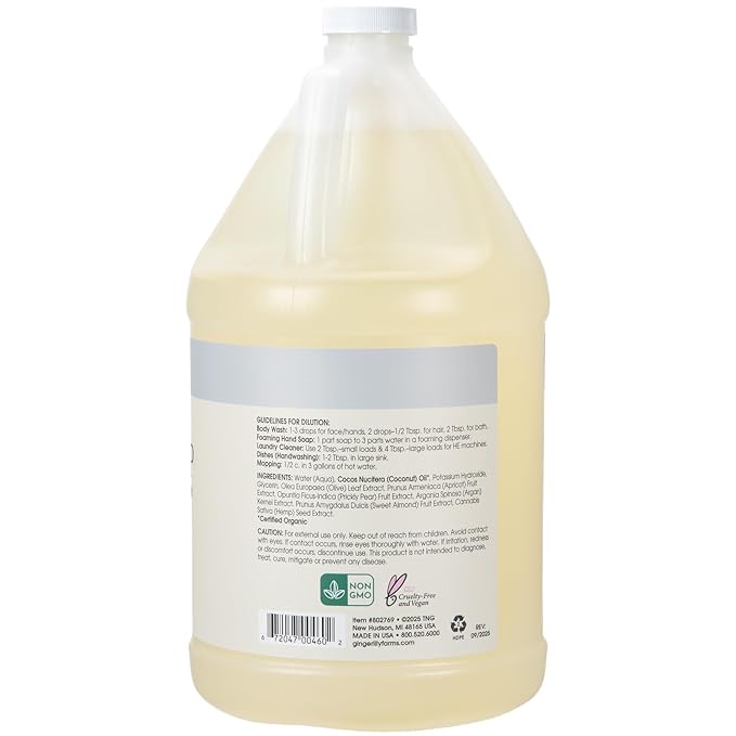 Ginger Lily Farms Botanicals Pure Castile Liquid Soap Refill, Fragrance-Free, 1 Gallon, All-Purpose Cleaner for Body, Face, Hair, Dishes, Laundry & Pets, Non-GMO, 100% Vegan & Cruelty-Free