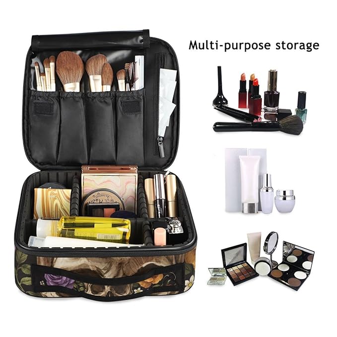 ALAZA Travel Makeup Case, Day of The Dead Skull Rose Humming Bird Dia Muertos Cosmetic toiletry Travel bag for Women Girls