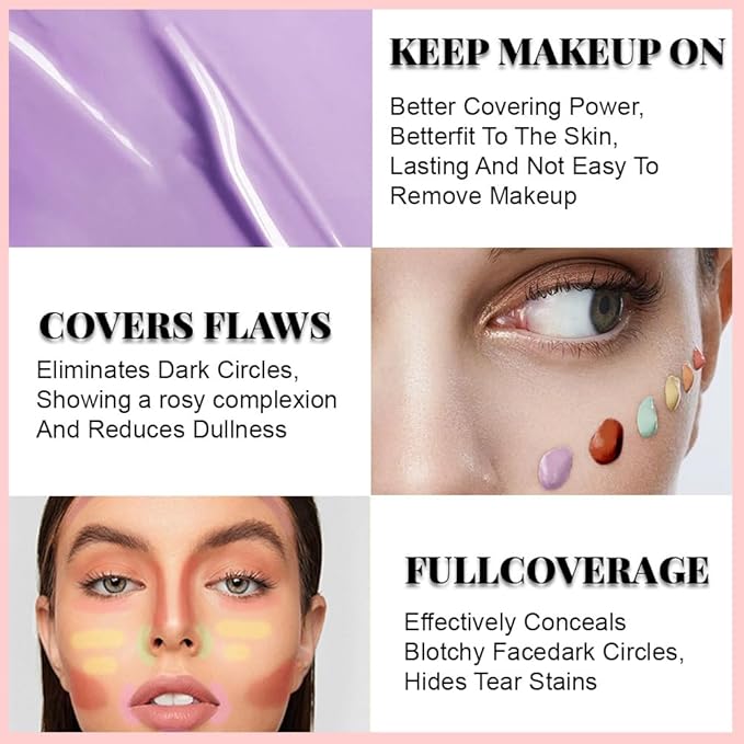 Under Eye Concealer for Women, 24 Hour Purple Full Coverage Brightening Concealer for Dark Circles Fine Lines Redness & Discoloration, Waterproof Foundation Color Corrector, 01