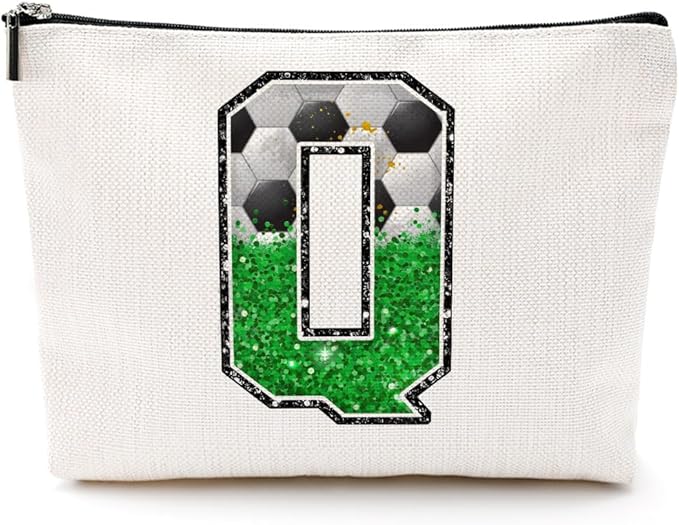 CQM Soccer Gifts Initial Makeup Bag Monogrammed Cosmetic Bag Letter Q Zipper Pouch Soccer Accessories for Girls Women Player Coaches Friend Stuff Graduation Birthday Gifts