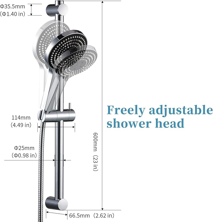 OFFO Shower Slide Bar Combo, Adjustable 23 in Slide Bar with 6-Mode High Pressure Handheld Shower Head and 60 in Stainless Steel Hose, Screw Wall Mounted, Chrome