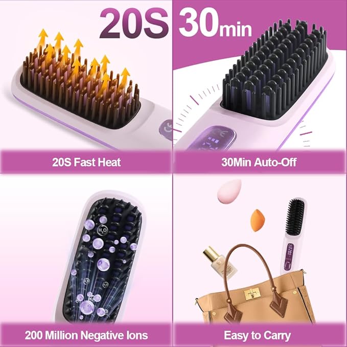 Cordless Hair Straightener Brush, Mini Hair Straightener Comb with Negative Ion, Portable Hot Comb Straightener for Women, Rechargeable 4000mAh Battery, Anti-Scald, 3 Temp-Setting