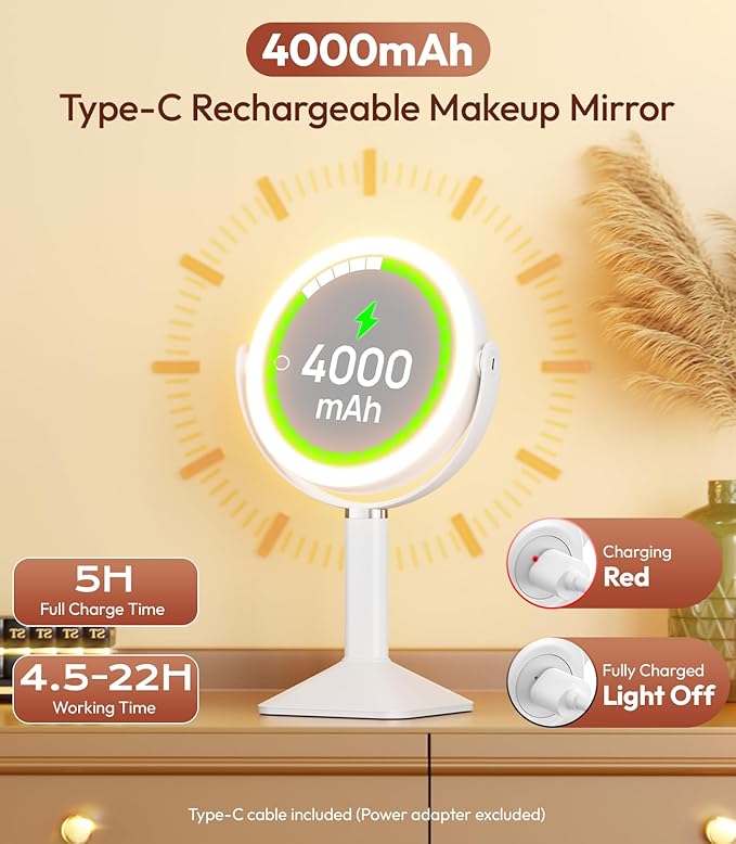 Lighted Makeup Mirror with Lights and Magnification 30X/1X, Height Adjustable 30X Magnifying Vanity Mirror with 4000mAh Battery & 3 Colors Dimming Light for Desktop Bathroom Bedroom (White)