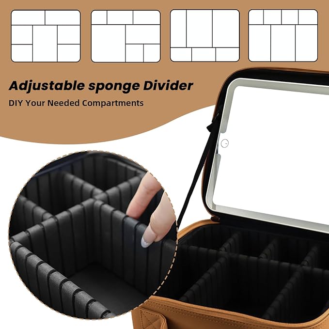 SUILU Makeup Bag with Led Mirror,Portability Cosmetic Case Portable Cosmetic Brush Organizer Bag with Adjustable Dividers,Gift for Women,Girls Gift (Light Brown)