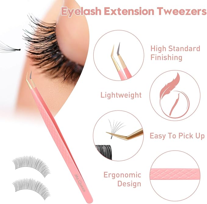 Ms.Queen Isolation Lash Tweezers,45 Degree 14cm Long&Slim Fiber Tip Tweezers for Individual & Classic Eyelash Extensions