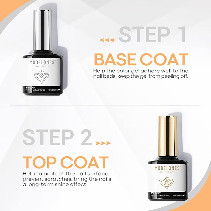 modelones Gel Nail Polish Top Base Coat, 2 PCS Clear High Glossy Long Lasting Soak Off Home Salon DIY Manicure Gift for Women