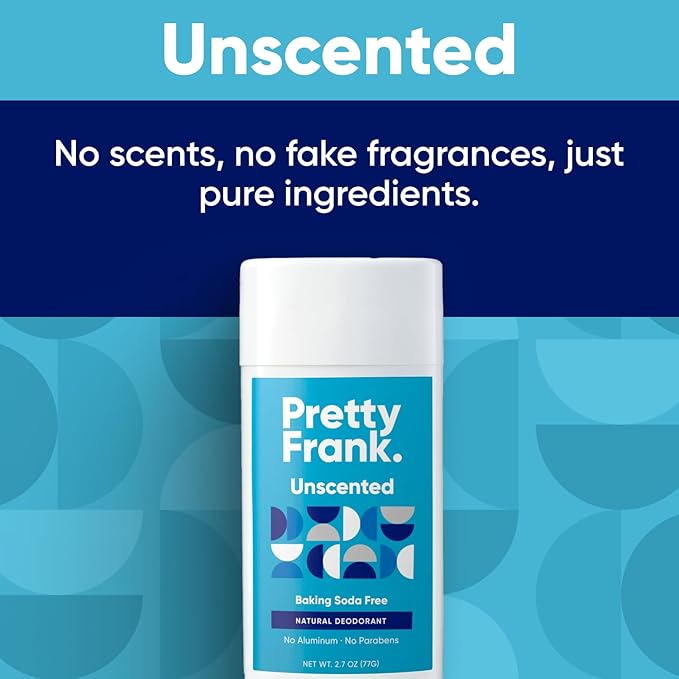 Pretty Frank Natural Aluminum-Free Deodorant Stick, Baking Soda-Free, Unscented (2-Pack) | Sensitive Skin Friendly, Effective Odor Control for Women & Men, Organic Ingredients, No Added Fragrance