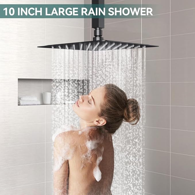 Shower Faucet Set Matte Black Shower System, Starbath 10" Rain Shower Head and Handheld Spray Shower Set Complete Ceiling Mounted,2 Way Pressure Balance Shower Valve and Trim Kit Included