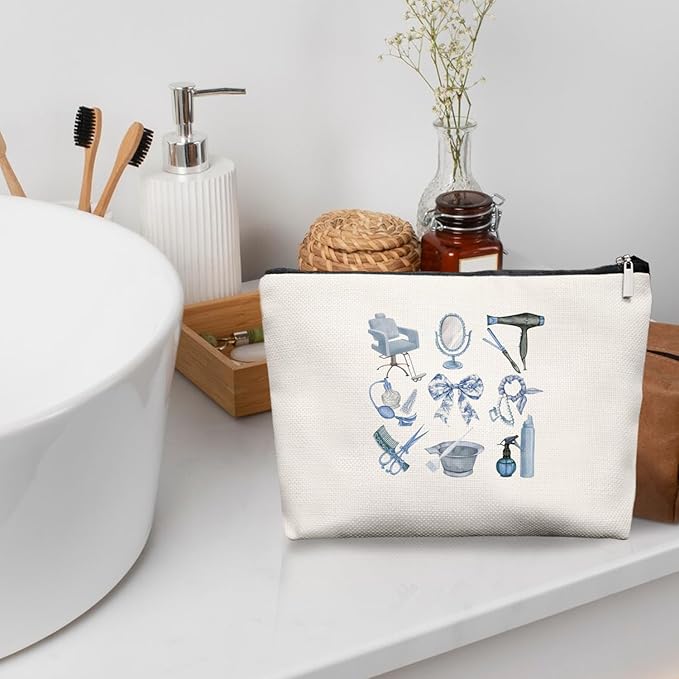 EKGJW Blue Chinoiserie Bow Hairstylist Makeup Bag, Cosmetology Student Gift for Women, Cute Hairdresser Travel Pouch, Aesthetic Blue Toile Salon Organizer for Teen Girls, 7.5 x 10 in