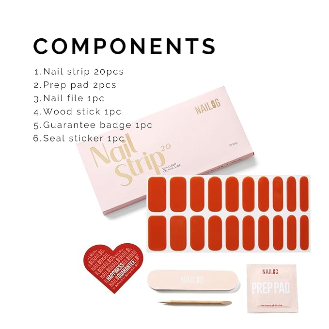 Semi Cured Gel Nail Strips - NAILOG 20 Pcs Brown Nail Stickers Extra Long Wraps with Glossy Gel Finishing for Autumn Winter, Brick Red