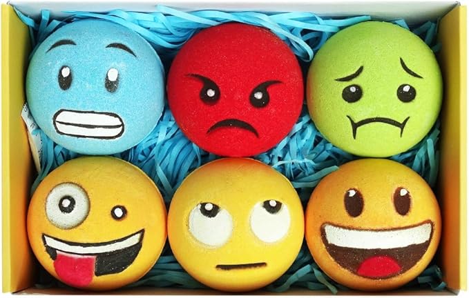 Large Emotion Face Bath Bombs Set of 6 – Fun Emoji-Inspired Spa Fizzies – Handmade with Shea Butter, Cocoa Butter & Essential Oils – Moisturizing Gift Set for Women, Men & Kids (Pack of 2)