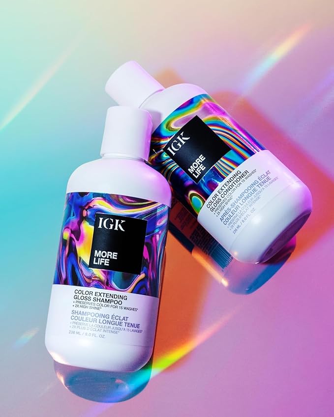IGK MORE LIFE Color Extending Gloss Shampoo & Conditioner Set | Preserves Color + Enhances Shine | UV Protection | Vegan + Cruelty-Free | 8 oz (Pack of 2)
