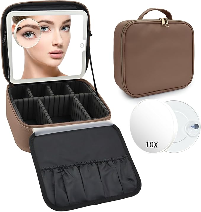SLUMAZI Travel Makeup Bag with LED Mirror and 10x magnifying glass with 3 Lighted Settings, Adjustable Dividers and Makeup Brush Storage Bag Mocha