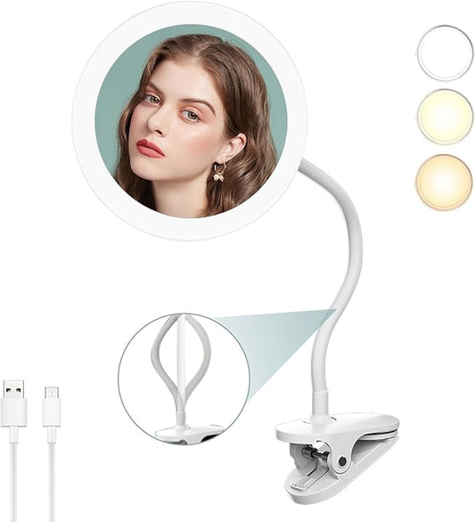 10X Magnifying Clip on Makeup Mirror Gooseneck, 6.5" Vanity Mirror with Light, 2000mAh USB Recharge 360° Rotating,Clip On Gooseneck Magnifying Vanity Mirror with Light,Travel Makeup Mirror (White 10X)
