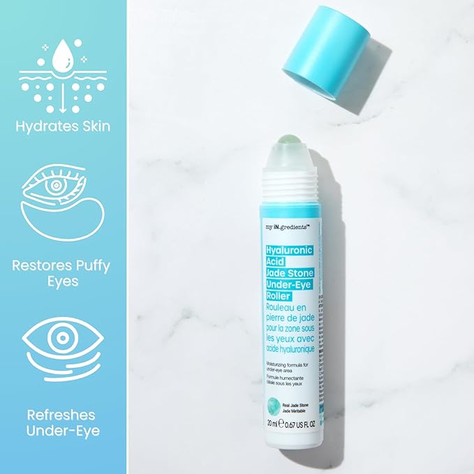 Masque Bar My Ingredients Hydrating Smoothing Under Eye Seru Jade Stone Roller, Under Eye Roller for puffiness, Niacinamide & Hyaluronic Acid Treat Dark Circles, Wrinkles, Travel Essentials, 20ml