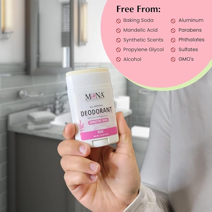 MONA BRANDS All Natural Deodorant For Women & Men | For Sensitive Skin | No Aluminum or Baking Soda | (ROSE 1.76 Oz)