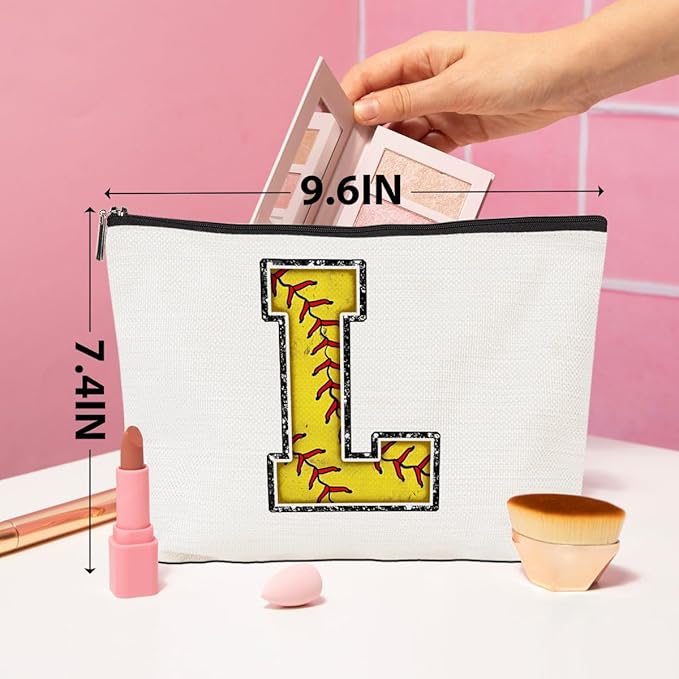CQM Softball Gifts Initial Makeup Bag Monogrammed Cosmetic Bag Yellow Letter L Zipper Pouch Softball Accessories for Girls Women Player Coaches Friend Graduation Birthday Gifts